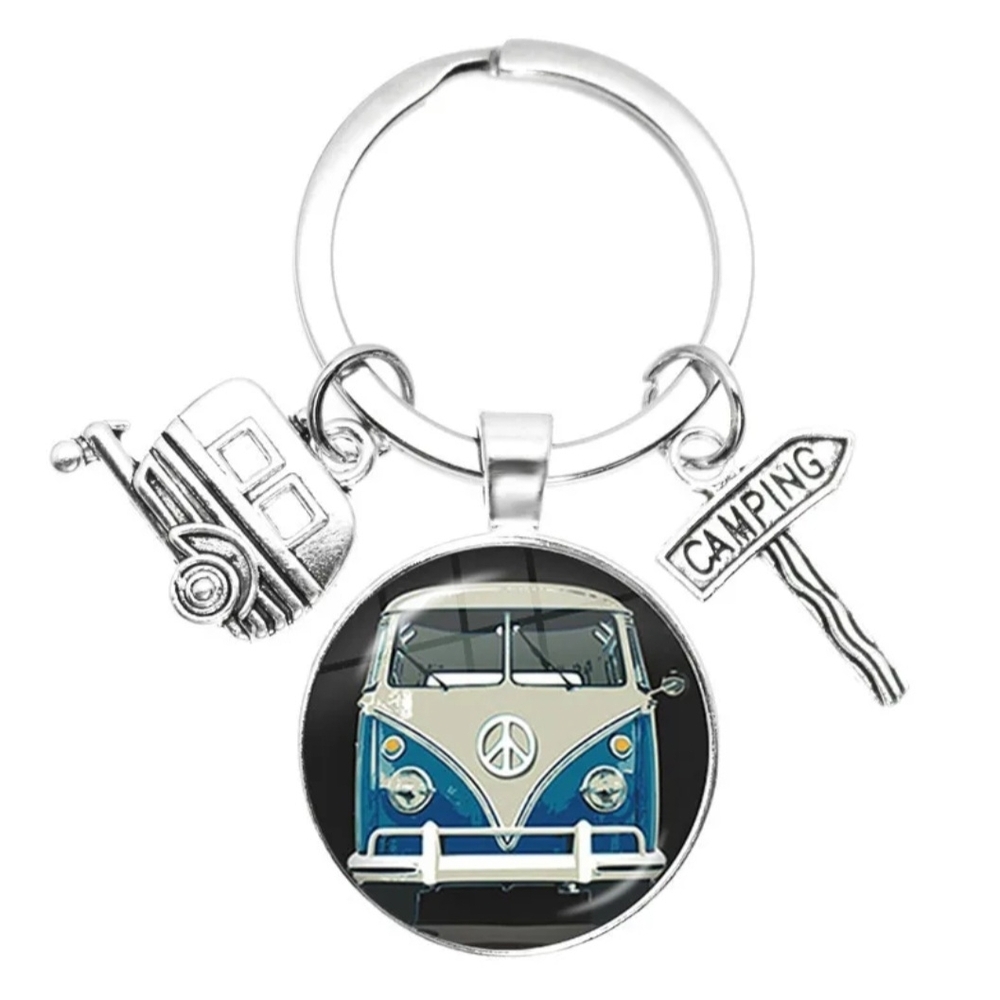 Keychain Retro Van Blue Volkswagen Bus Peace Sign - Picture 1 of 8